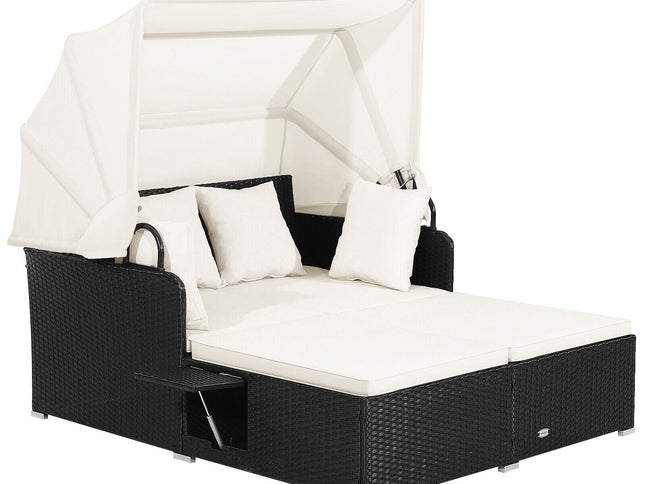 Patio Rattan Daybed with Retractable Canopy and Side Tables