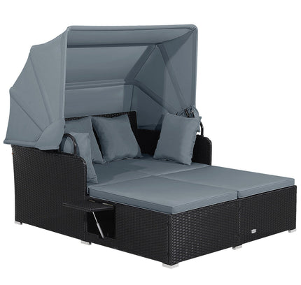Patio Rattan Daybed with Retractable Canopy and Side Tables