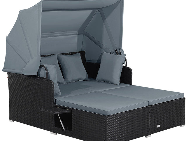 Patio Rattan Daybed with Retractable Canopy and Side Tables