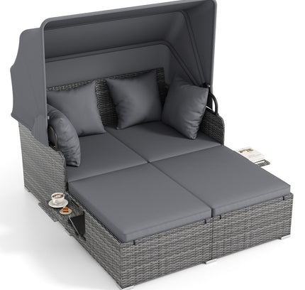 Patio Rattan Daybed with Retractable Canopy and Side Tables