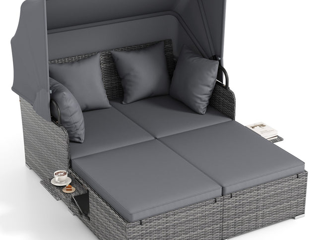 Patio Rattan Daybed with Retractable Canopy and Side Tables