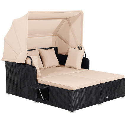 Patio Rattan Daybed with Retractable Canopy and Side Tables
