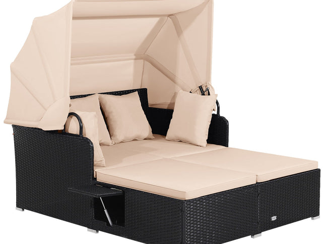Patio Rattan Daybed with Retractable Canopy and Side Tables