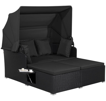 Patio Rattan Daybed with Retractable Canopy and Side Tables
