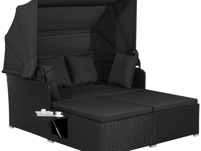 Patio Rattan Daybed with Retractable Canopy and Side Tables