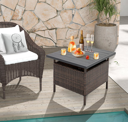 Patio Square Wicker Side Table with Umbrella Hole for Yard & Poolside