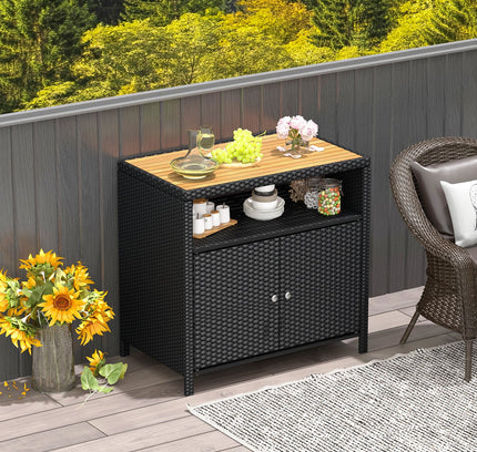 Rattan Storage Cabinet with Acacia Wood Countertop for Poolside Deck and Patio