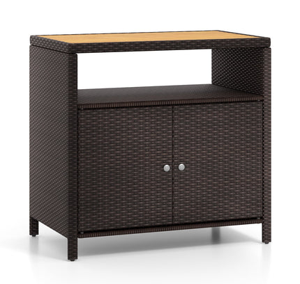Rattan Storage Cabinet with Acacia Wood Countertop for Poolside Deck and Patio