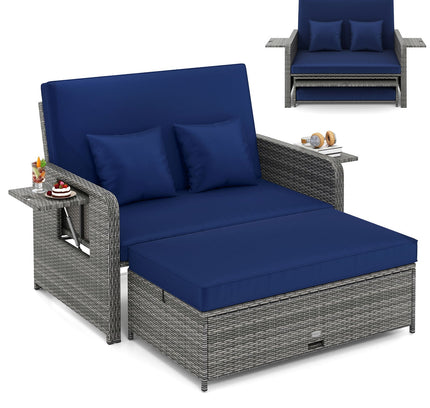 Patio Wicker Loveseat Sofa with Multipurpose Ottoman and Retractable Side Tray