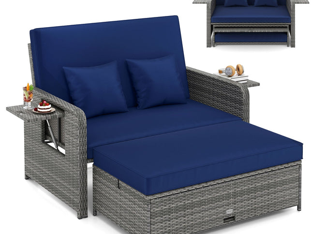Patio Wicker Loveseat Sofa with Multipurpose Ottoman and Retractable Side Tray