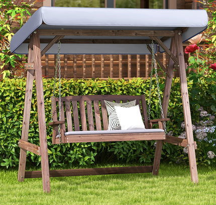 2-Person Porch Swing with Fir Wood Stand and Tilt Canopy-Brown