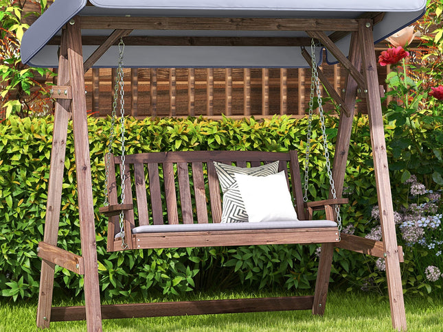 2-Person Porch Swing with Fir Wood Stand and Tilt Canopy-Brown