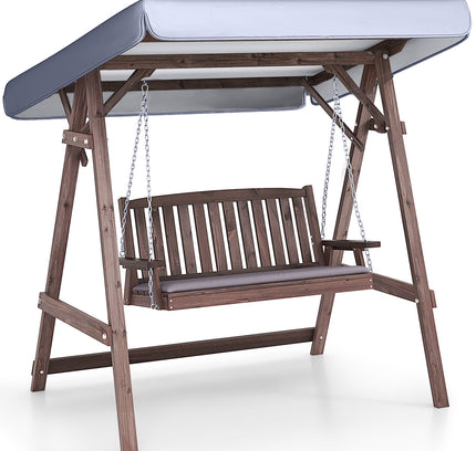 2-Person Porch Swing with Fir Wood Stand and Tilt Canopy-Brown