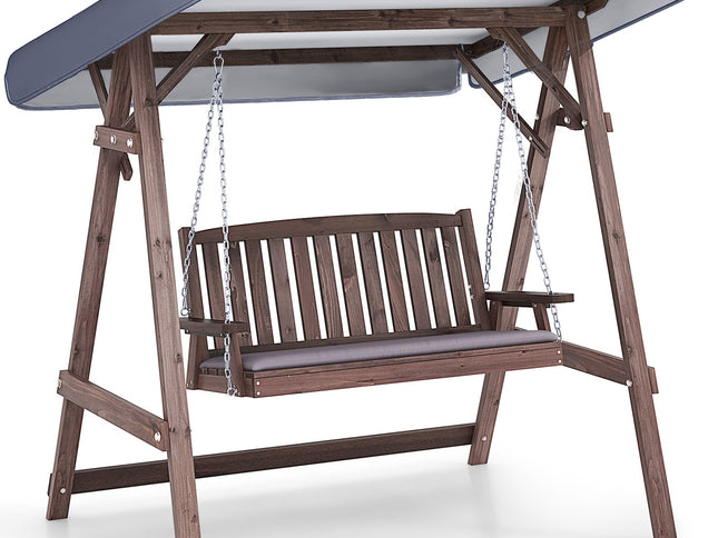 2-Person Porch Swing with Fir Wood Stand and Tilt Canopy-Brown