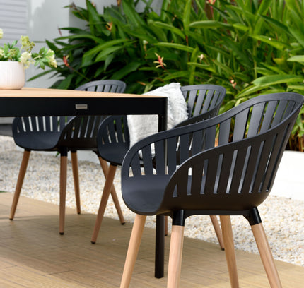 Portals Dark Rectangular Teak Table and 8 Nassau Black Dining Set