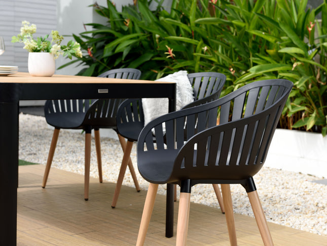 Portals Dark Rectangular Teak Table and 8 Nassau Black Dining Set