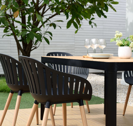 Portals Dark Rectangular Teak Table and 8 Nassau Black Dining Set
