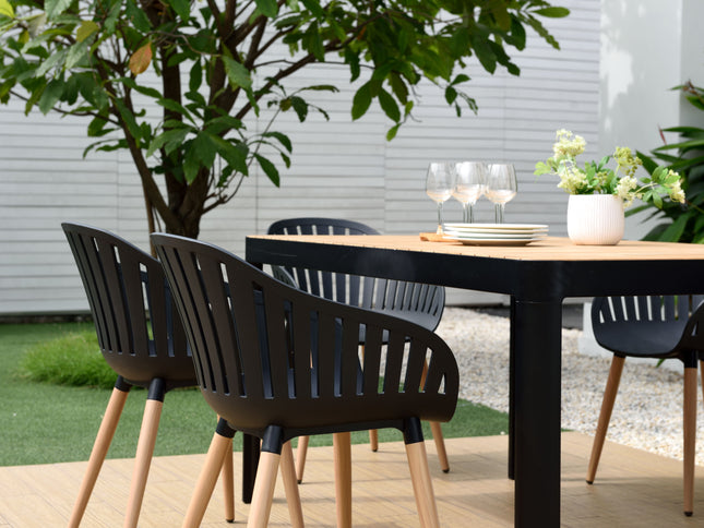 Portals Dark Rectangular Teak Table and 8 Nassau Black Dining Set