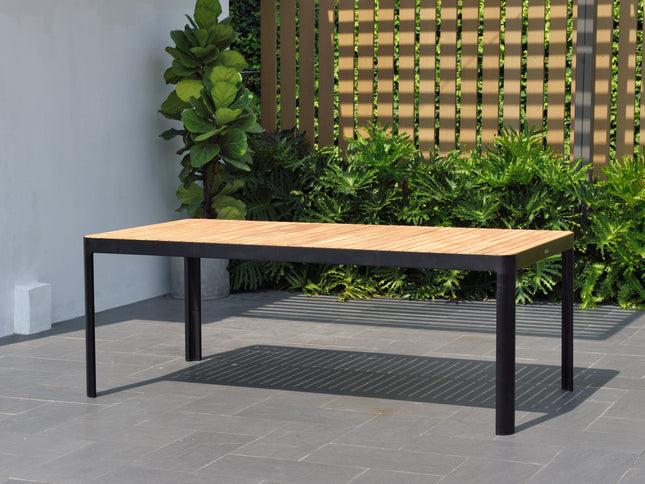Portals Dark Rectangular Teak Table and 8 Nassau Black Dining Set