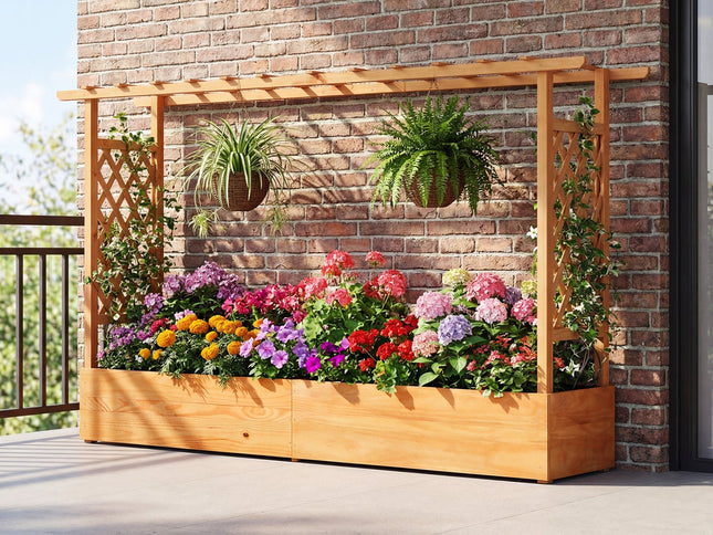 Raised Garden Bed Planter Box with Lattice Trellis Drainage Holes