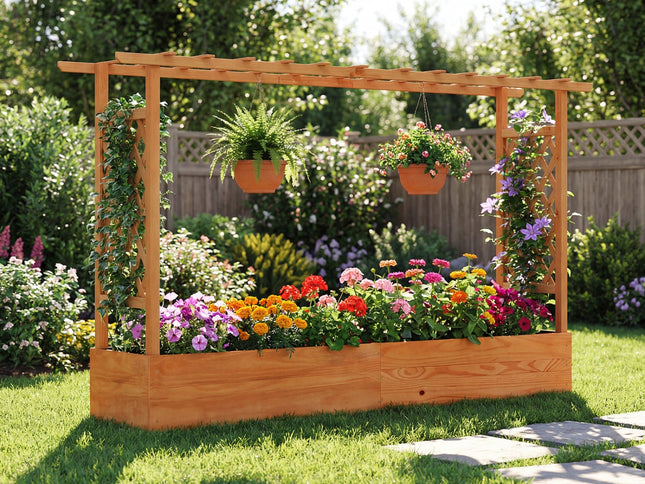 Raised Garden Bed Planter Box with Lattice Trellis Drainage Holes