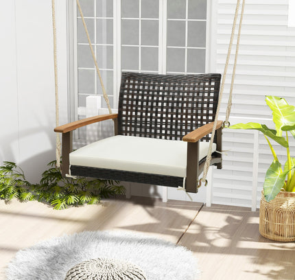 Single Rattan Porch Swing with Armrests Cushion and Hanging Ropes-White