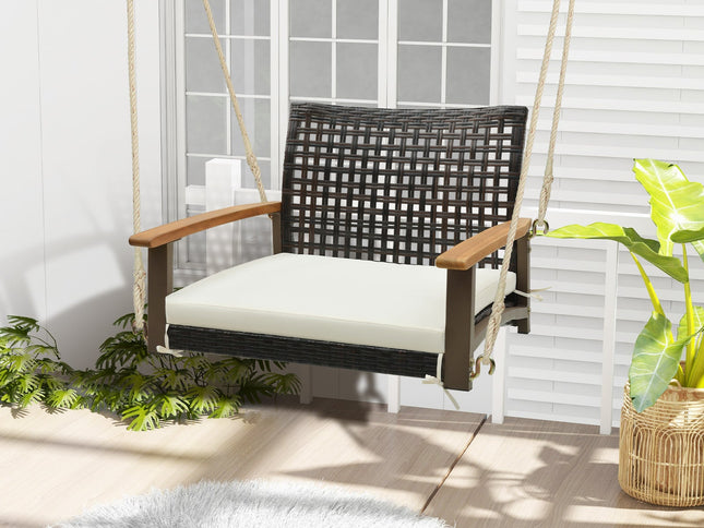 Single Rattan Porch Swing with Armrests Cushion and Hanging Ropes-White