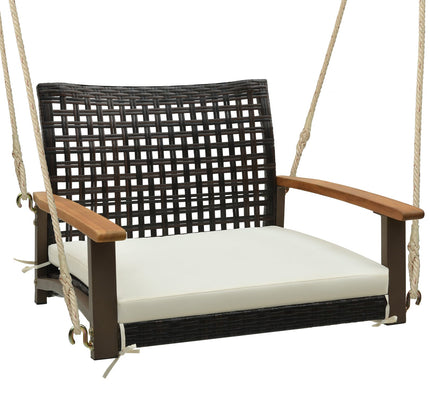 Single Rattan Porch Swing with Armrests Cushion and Hanging Ropes-White