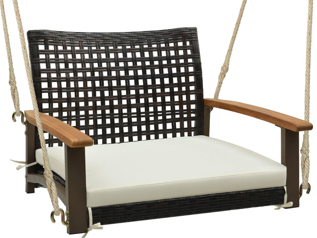 Single Rattan Porch Swing with Armrests Cushion and Hanging Ropes-White