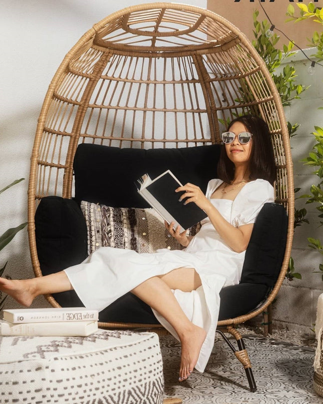 Oversized Patio Lounger Indoor/Outdoor Wicker Egg Chair Black
