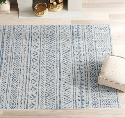 6.5 ft. x 9 ft. Blue Grey Chevron Coastal Boho Style Indoor Outdoor Area Rug