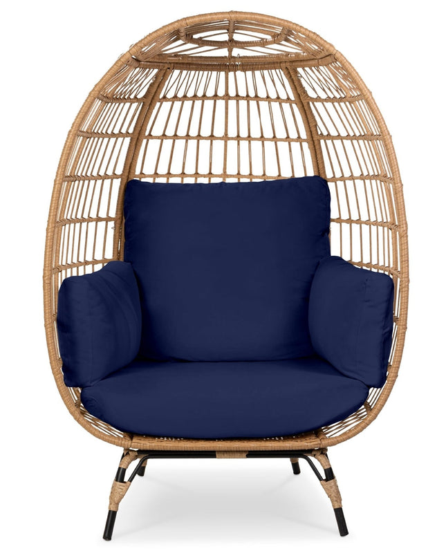 Oversized Patio Lounger Indoor/Outdoor Wicker Rattan Egg Chair Dark Blue