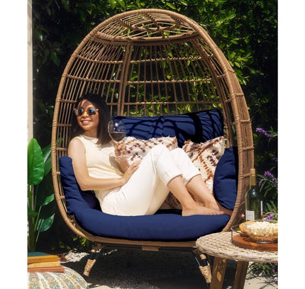 Oversized Patio Lounger Indoor/Outdoor Wicker Rattan Egg Chair Dark Blue