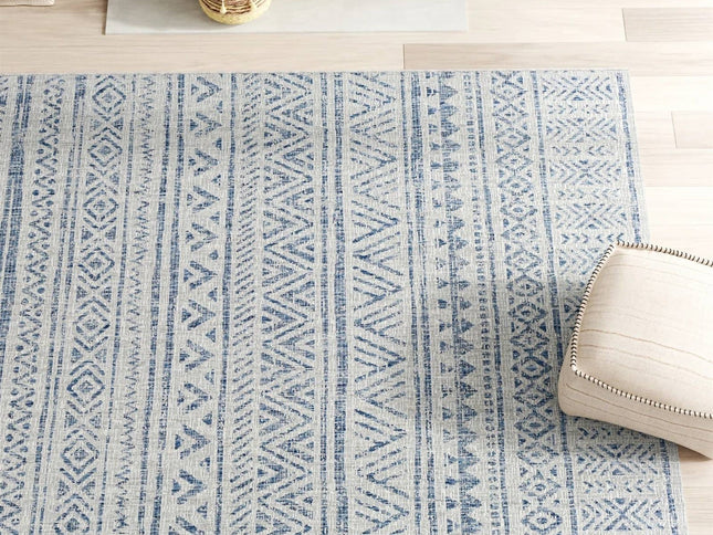 8 ft. x 10 ft. Blue Grey Chevron Coastal Boho Style Indoor Outdoor Area Rug