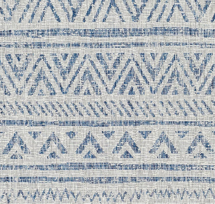 8 ft. x 10 ft. Blue Grey Chevron Coastal Boho Style Indoor Outdoor Area Rug