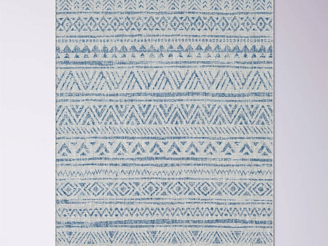 8 ft. x 10 ft. Blue Grey Chevron Coastal Boho Style Indoor Outdoor Area Rug