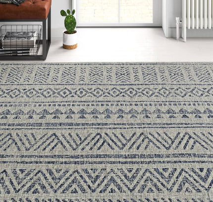 2 ft. x 3 ft. Blue Grey Chevron Coastal Boho Style Indoor Outdoor Area Rug