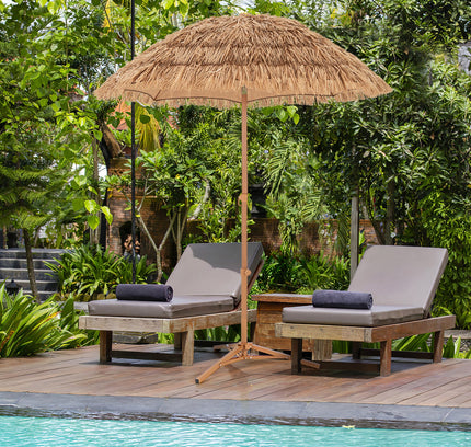 6.5 Ft Thatched Tiki Umbrella with Foldable Stand Push Button Tilt-Natural