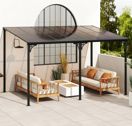 Wall-Mounted Patio Gazebo Large Hardtop Pergola w/ Sloped Polycarbonate