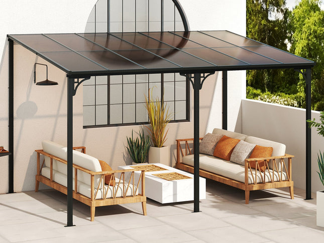 Wall-Mounted Patio Gazebo Large Hardtop Pergola w/ Sloped Polycarbonate
