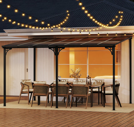 Wall-Mounted Patio Gazebo Large Outdoor Hardtop Pergola with Sloped Polycarbonate Roof-Black