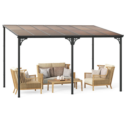 Wall-Mounted Patio Gazebo Large Outdoor Hardtop Pergola with Sloped Polycarbonate Roof-Black
