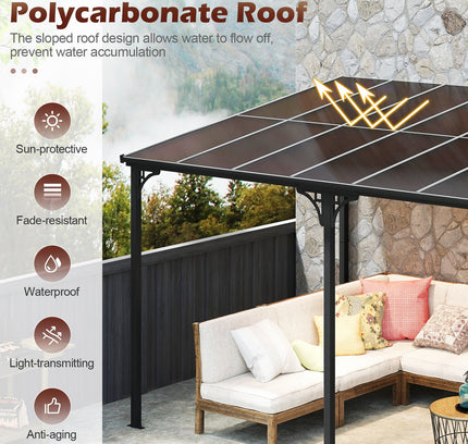 Wall-Mounted Patio Gazebo Large Outdoor Hardtop Pergola with Sloped Polycarbonate Roof-Black
