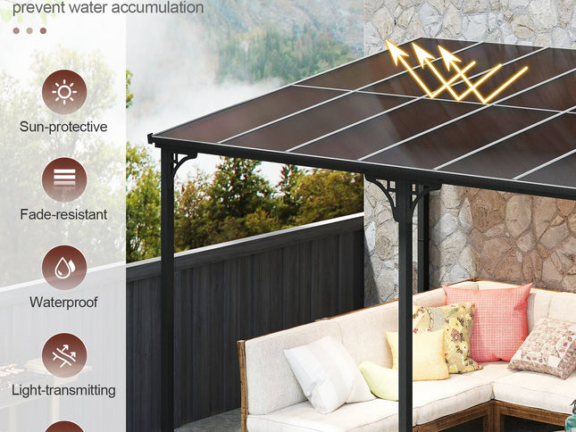 Wall-Mounted Patio Gazebo Large Outdoor Hardtop Pergola with Sloped Polycarbonate Roof-Black