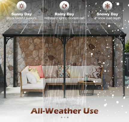 Wall-Mounted Patio Gazebo Large Outdoor Hardtop Pergola with Sloped Polycarbonate Roof-Black