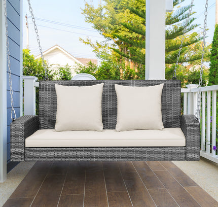2-Person PE Wicker Patio Hanging Porch Swing Bench Chair Cushion 800 lb
