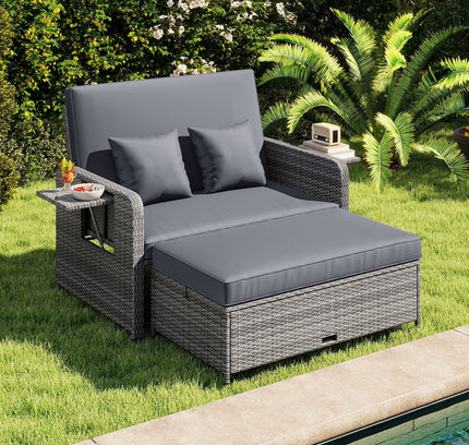 Patio Wicker Loveseat Sofa with Multipurpose Ottoman and Retractable Side Tray