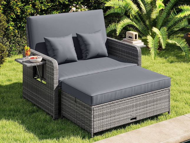 Patio Wicker Loveseat Sofa with Multipurpose Ottoman and Retractable Side Tray