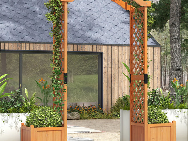 Wooden Garden Arbor with Planter and Trellis for Climbing Plants Decor