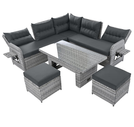 Outdoor Rattan Patio Furniture Set with Adjustable Recliners, Ottomans & Tables